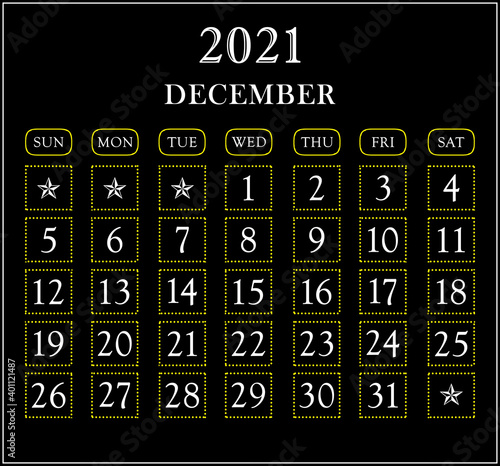 Month December  year 2021 calendar