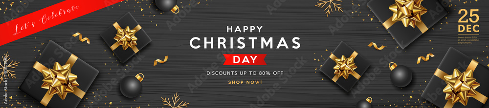 Merry Christmas sale, black gift box golden ribbon, black ball and snowflake banner design on black wood background, EPS 10 vector illustration
