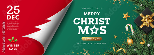 Merry Christmas, paper roll tree shape, black gift box gold ribbons, candy cane, pine leaves and gold ball banner design on red and green background, Eps 10 vector illustration