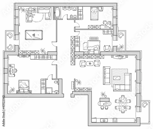 Apartment house floor plan with furniture arrangement. Interior design view from above. Vector blueprint.