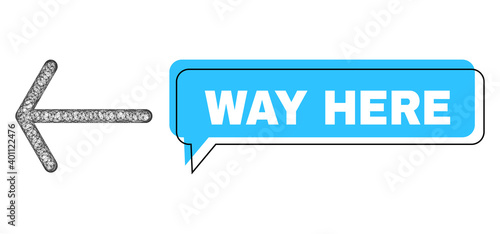 Conversation Way Here blue bubble message and net mesh arrow left. Frame and colored area are shifted for Way Here caption, which is located inside blue colored speech balloon.