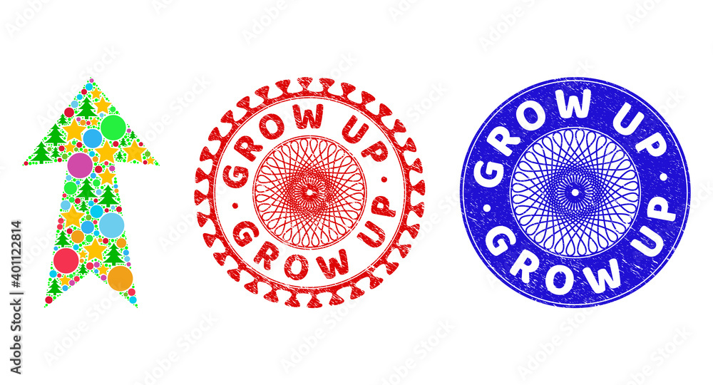 Fototapeta premium Arrow up collage of Christmas symbols, such as stars, fir-trees, colored round items, and GROW UP textured stamps. Vector GROW UP stamp seals uses guilloche ornament,