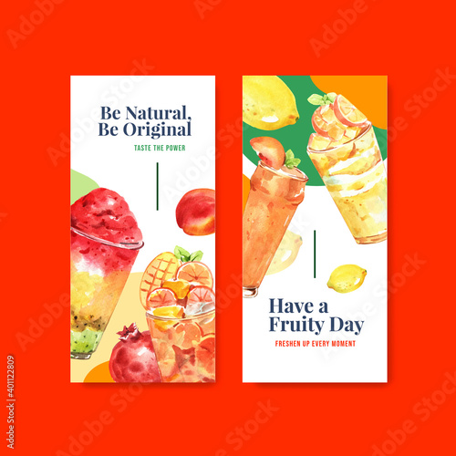 Flyer template with fruits smoothies concept design for brochure and leaflet watercolor vector illustration