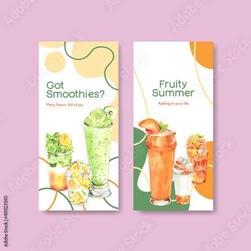 Flyer template with fruits smoothies concept design for brochure and leaflet watercolor vector illustration
