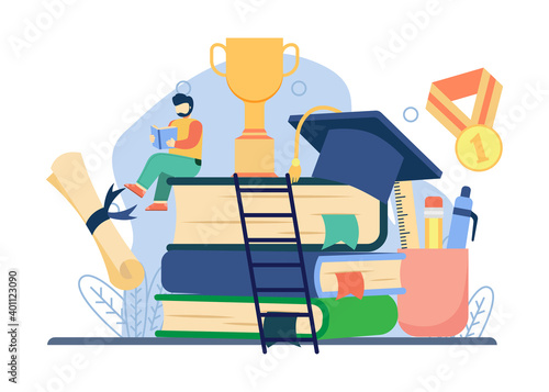 Education Knowledge concept. a man sit on stack of books for success. book festival, E-Learning, Learning book, Library, Study Literature, distance education, reading book. vector illustration
