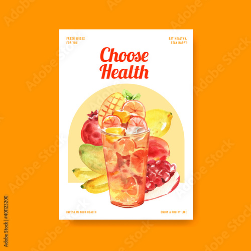 Poster template with fruits smoothies concept design for advertise and commercial watercolor vector illustration