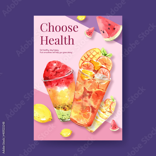Poster template with fruits smoothies concept design for advertise and commercial watercolor vector illustration
