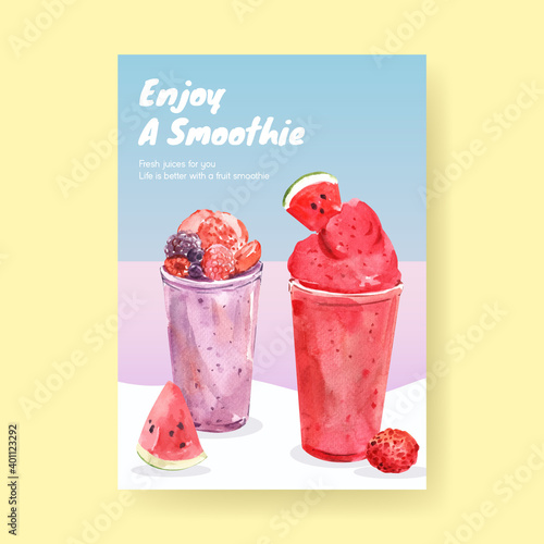 Poster template with fruits smoothies concept design for advertise and commercial watercolor vector illustration