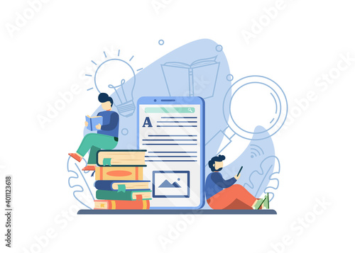 Online Library concept. man reading book on stack of book. digital library application. E-learning, online education, distance education and online bookstore. vector illustration