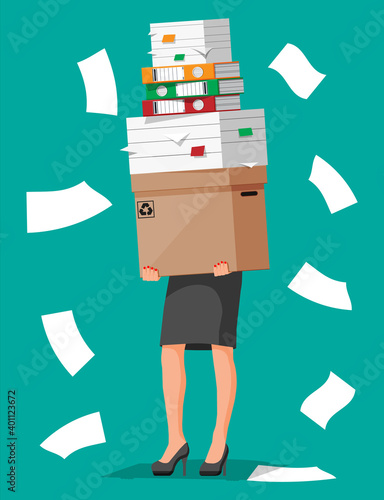 Stressed businesswoman holds pile of office documents. Overworked business woman with stacks of papers. Stress at work. Bureaucracy, paperwork, big data. Vector illustration in flat style