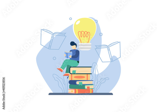 education and research concept.Man read a book to get creative idea with sitting on books stack. distance studying, self education, literary club or book festival concept.