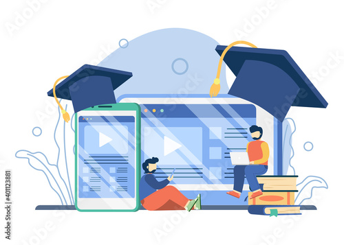 Online education platform concept. man sit on stack of books to access education platform. E-Learning platform, online teaching, distance education, laptop screen. vector illustration