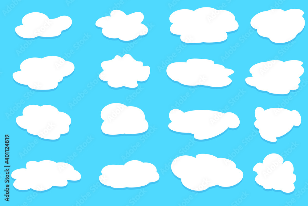 White clouds of different shapes on the blue sky. Vector illustration. For wallpaper, background and presentation design.