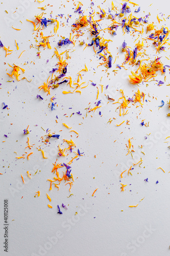 Mallow dried flowers on white background with Calendula and blue cornflower bluebottle with copy space. Cornflower petals. Selective focus. Herbalism. Mallow Silvestrys. photo