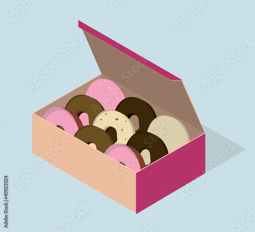 Carton box with different donuts. Vector isometric illustration.