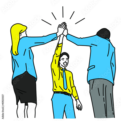 Vector illustration character of businesspeople , man and woman, showing unity teamwork concept with raising and joining hands. Outline, thin line art, linear, hand drawn sketch design, simple style.