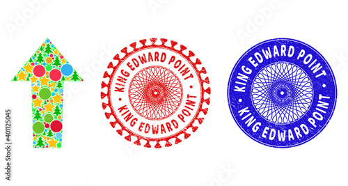 Arrow up composition of Christmas symbols, such as stars, fir trees, color circles, and KING EDWARD POINT grunge stamp imitations. Vector KING EDWARD POINT stamps uses guilloche ornament,