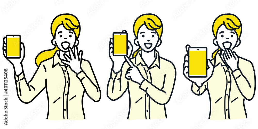 Cute character of young pretty woman holding and showing smartphone, pointing to the screen with surprised and excited expression. Outline, linear, thin line art, hand drawn sketch, simple style. Cute character of young pretty woman holding and showing smartphone, pointing to the screen with surprised and excited expression. Outline, linear, thin line art, hand drawn sketch, simple style.