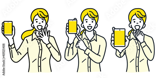 Cute character of young pretty woman holding and showing smartphone, pointing to the screen with surprised and excited expression. Outline, linear, thin line art, hand drawn sketch, simple style. 