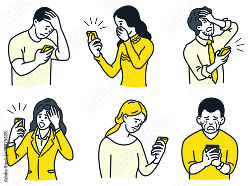 Portrait of people, man and woman, holding and looking at smartphone with negative emotion expression, sad, unhappy, crying, shocked, disappointed, displeased. Outline, linear, thin line art.