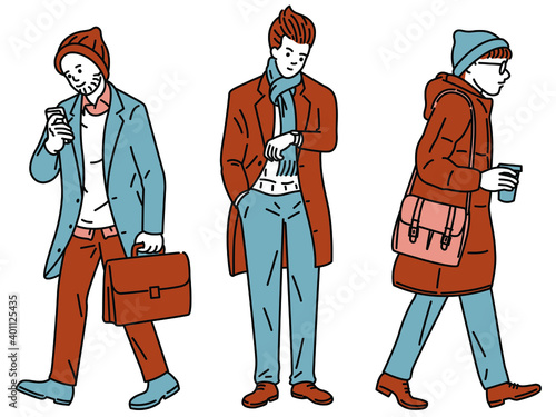 Young attractive businessman, standing and walking to work, in winter fashion style. Outline, linear, thin line art, hand drawn sketch, simple style.