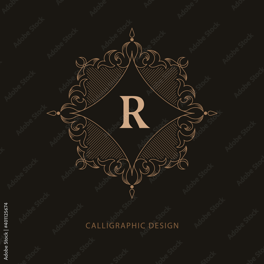 Beautiful Floral Monogram. Letter R. Elegant Logo. Calligraphic Design. Luxury Emblem. Vintage Ornament. Graphics Style. Flourishes Boutique Brand. Creative Mark for Book Design. Vector Illustration