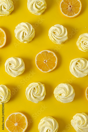 Lemon marshmallow, yellow background, patern, vertical, no people, view from above,