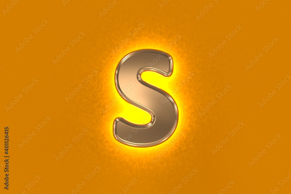 Naklejka premium Copper or aged gold metallic alphabet with yellow noisy backlight - letter S isolated on orange background, 3D illustration of symbols