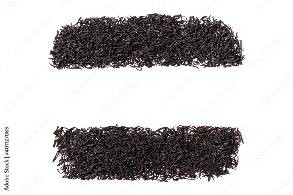 Black tea leaves isolated on white background, top view. Empty space for text in the middle
