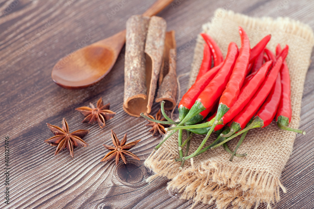 Red pepper and spoon and aniseed Red pepper and spoon and aniseed