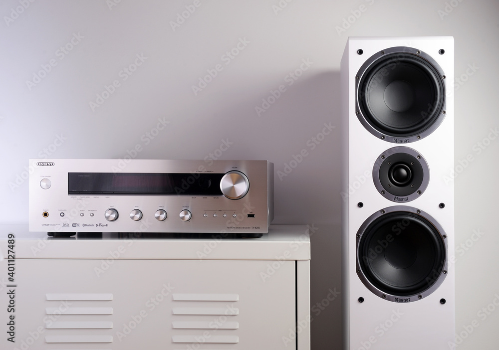 Belarus, Brest - June 24, Onkyo Network Stereo Receiver Tx - 8250 and  stereo speakers MAGNAT SHADOW.PHILIPS 43PUS6501 TV.IKEA. Stock-Foto | Adobe  Stock