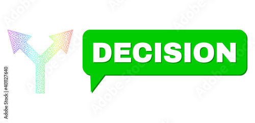 Decision and bifurcation arrow up composition. Rainbow colorful mesh bifurcation arrow up, and conversation Decision bubble message. Conversation colored Decision bubble has shadow.