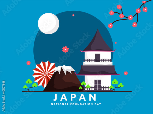 Japan National Foundation Day Concept With Japanese House, Mount Fuji, Trees And Sakura Flower Branch On Full Moon Blue Background.