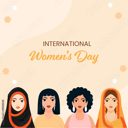 International Women's Day Concept With Different Religions Female Group On Beige Background.