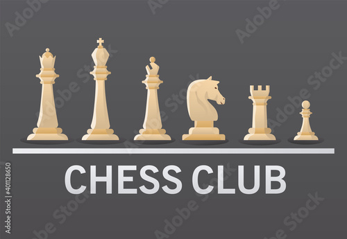 group of white chess pieces and club lettering