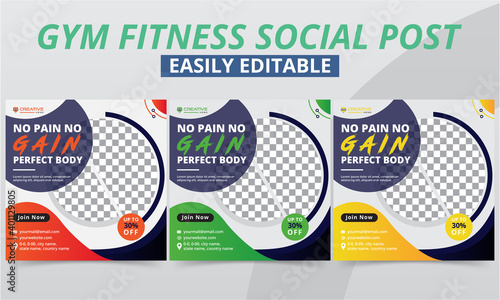 Fitness Gym Social Media Post Layout for Workout Club Membership Increasing Header, Tips & Offer Advertising Templates. Modern Geometric Sport & Bodybuilding Promo Social Media Square Web Banner.