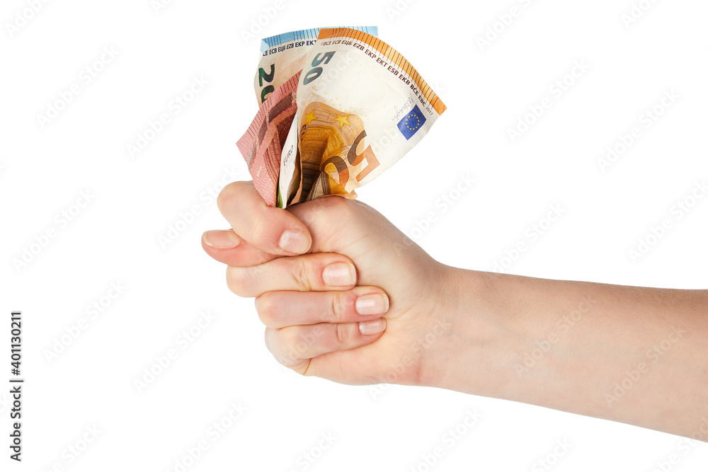 Different euro paper money in a hand, cut on a white background