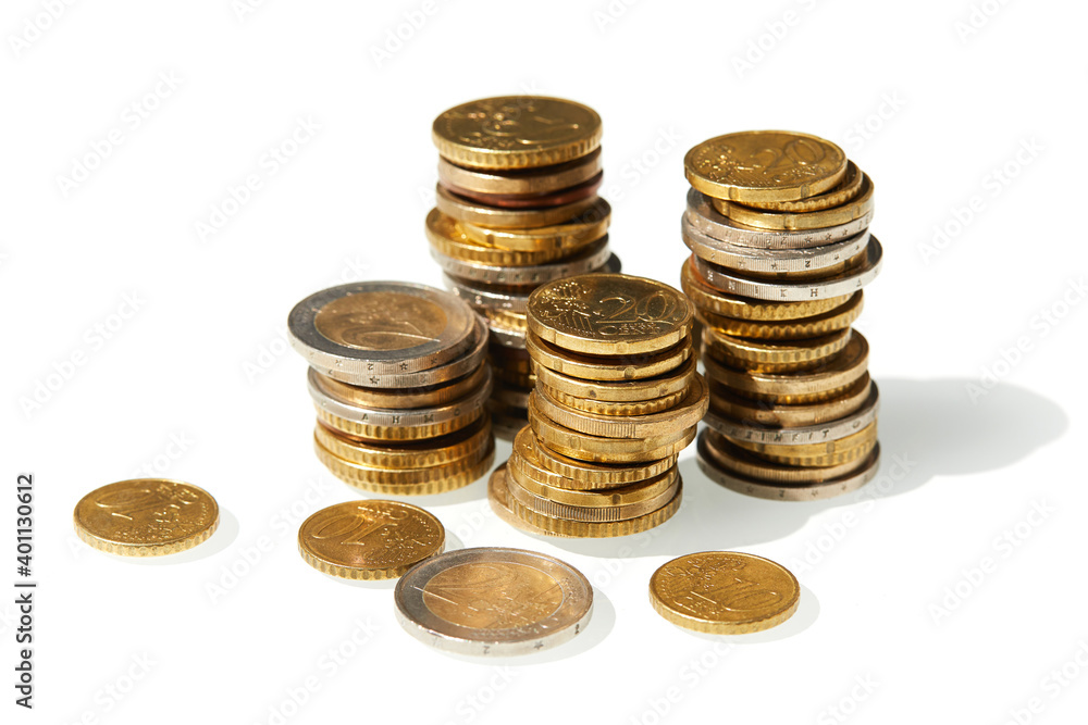 Different euro coins macro close up, cut out on a white background Different euro coins macro close up, cut out on a white background