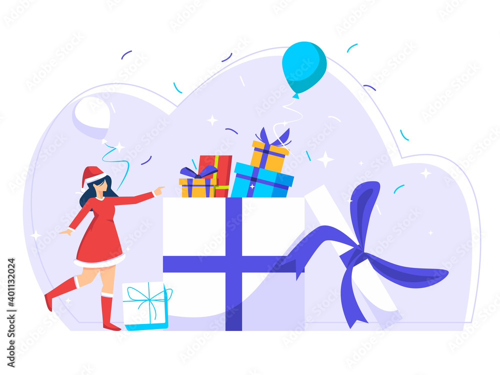 Gift party design concept. Woman opens a large box filled with gifts. Used for web, posters, flyers. flat vector. Gift party design concept. Woman opens a large box filled with gifts. Used for web, posters, flyers. flat vector.