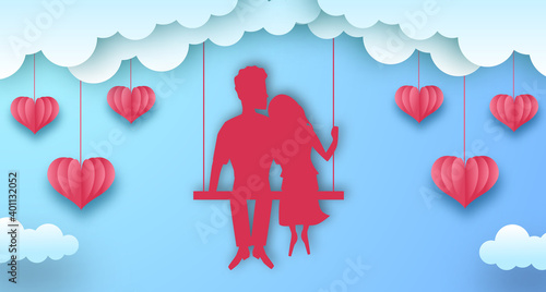sweet couple boy and girl swing romance silhouette for valentine's day greeting card template. paper cut style illustration