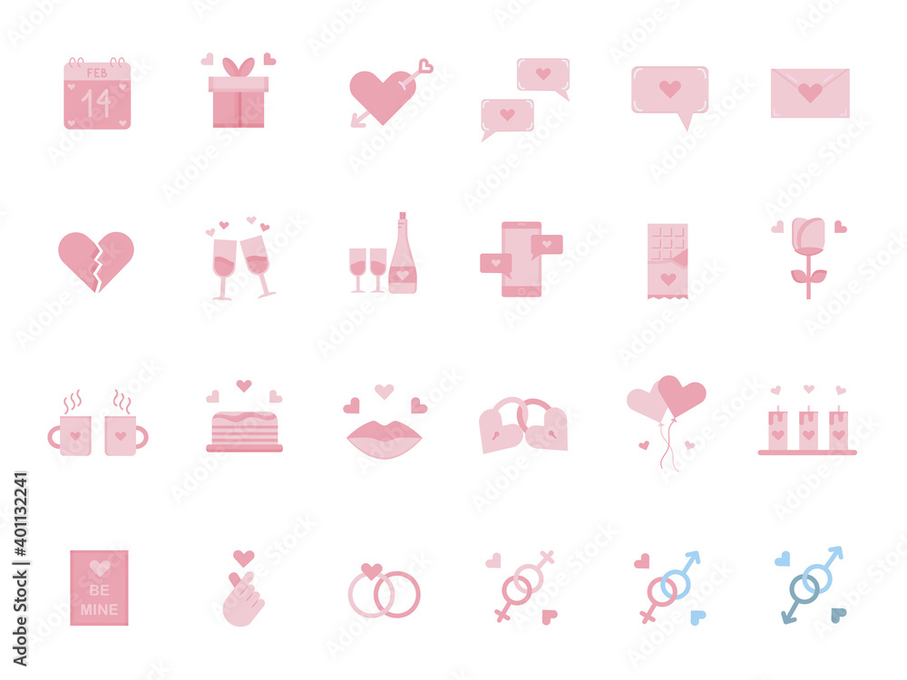 Big set of cute isolated icons in faded pink color. Happy Valentines day signs. Love line icons collection. Flat full color symbols for dating, wedding and romantic amour theme. Vector illustration. Big set of cute isolated icons in faded pink color. Happy Valentines day signs. Love line icons collection. Flat full color symbols for dating, wedding and romantic amour theme. Vector illustration.