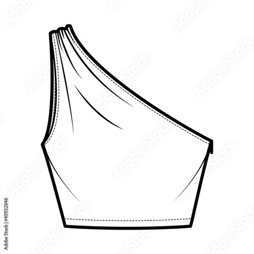 Crop top One-shoulder with ruching tank technical fashion illustration with fitted slim body, waist length. Flat outwear shirt apparel template front, white color. Women, men unisex CAD mockup
