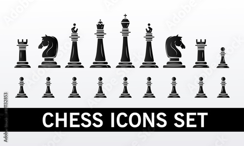 group of chess pieces set icons and lettering