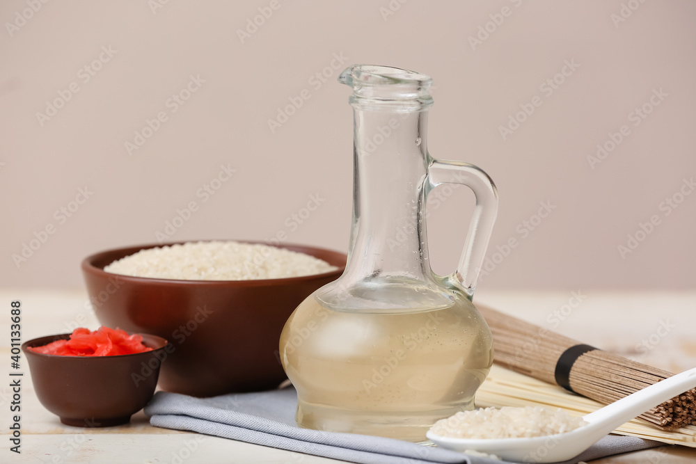 Composition with rice vinegar on table Composition with rice vinegar on table