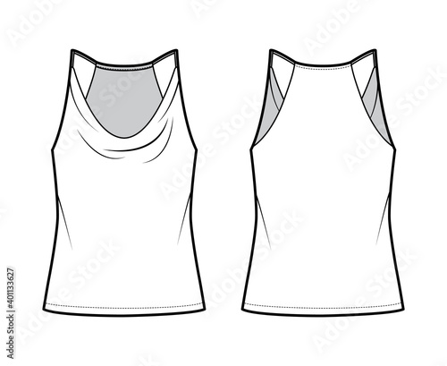 Tank low cowl Crop Camisole technical fashion illustration with thin adjustable straps, oversized, waist length. Flat outwear top template front, back, white color. Women men unisex CAD mockup