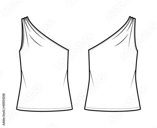 One-shoulder top tank technical fashion illustration with ruching, oversized body, tunic length hem. Flat outwear shirt apparel template front, back, white color. Women, men unisex CAD mockup
