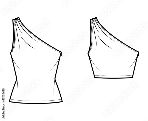 Set of One-shoulder tops tank technical fashion illustration with ruching, fitted body, tunic and waist length hem. Flat outwear shirt template front, white color. Women, men unisex CAD mockup