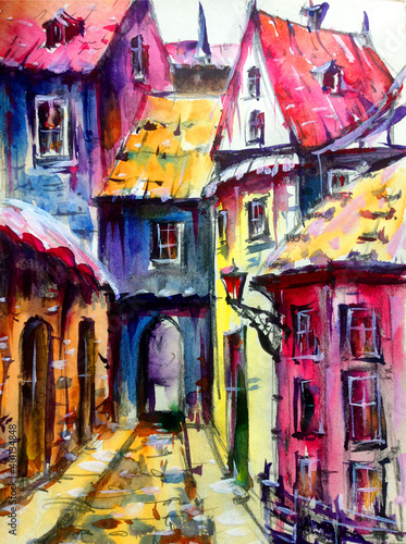 Watercolor colorful bright textured abstract background handmade . Mediterranean landscape . Painting of architecture  of the old city , made in the technique of watercolors from nature © olha