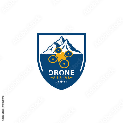 Emblem of drone aerial logo or icon vector illustration with a mountain object
