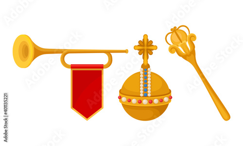 Monarchy Attributes with Golden Scepter and Trumpet Vector Set